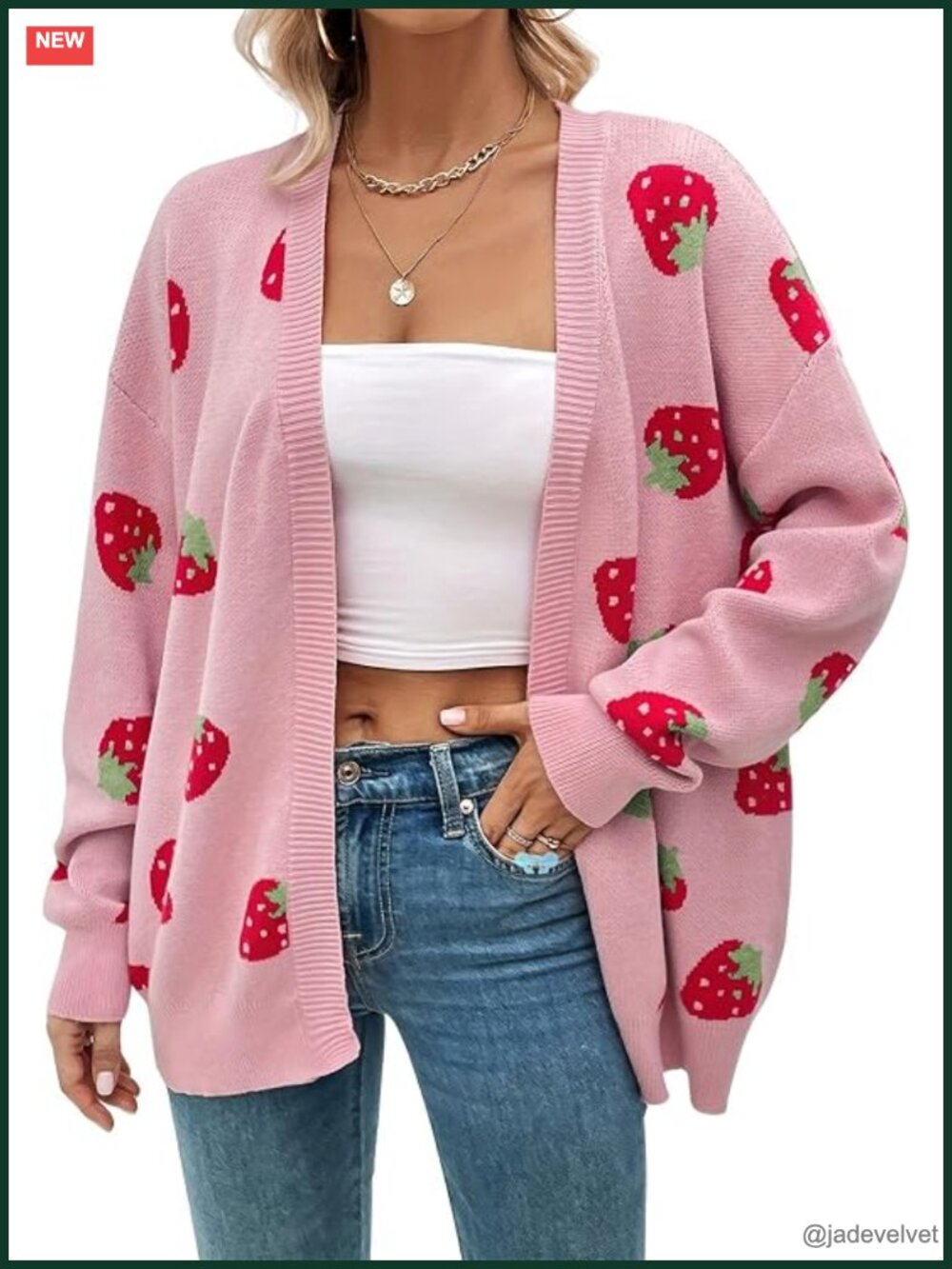 Cartoon Strawberry Knit Long Sleeve Open Front Slouchy Cardigan - Picture 1 of 2